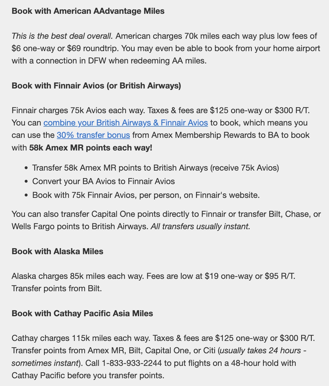 Instructions for booking Cathay Pacific business class with American AAdvantage miles, Finnair Avios, Alaska Miles, or Cathay Pacific Asia Miles