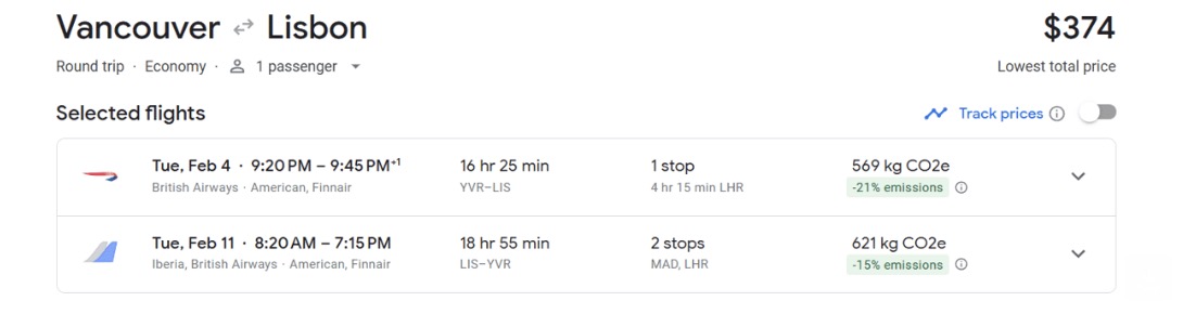 Vancouver to Lisbon airfare for $374 roundtrip. 