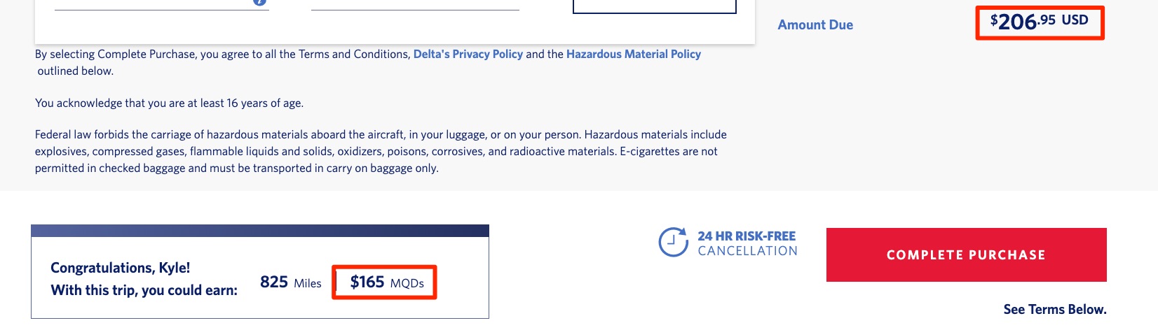 delta screenshot showing how many mqds you earn