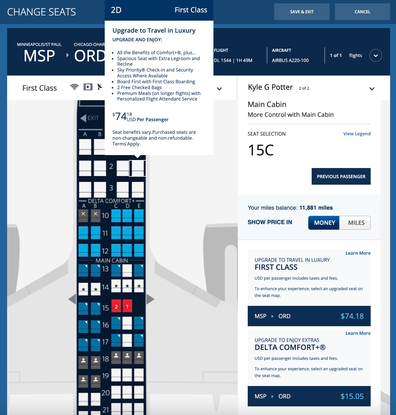 delta seatmap with upgrade prices