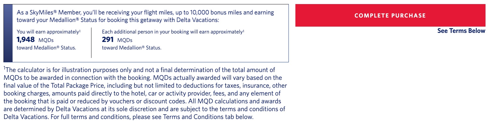 mqd estimate for a delta vacations booking