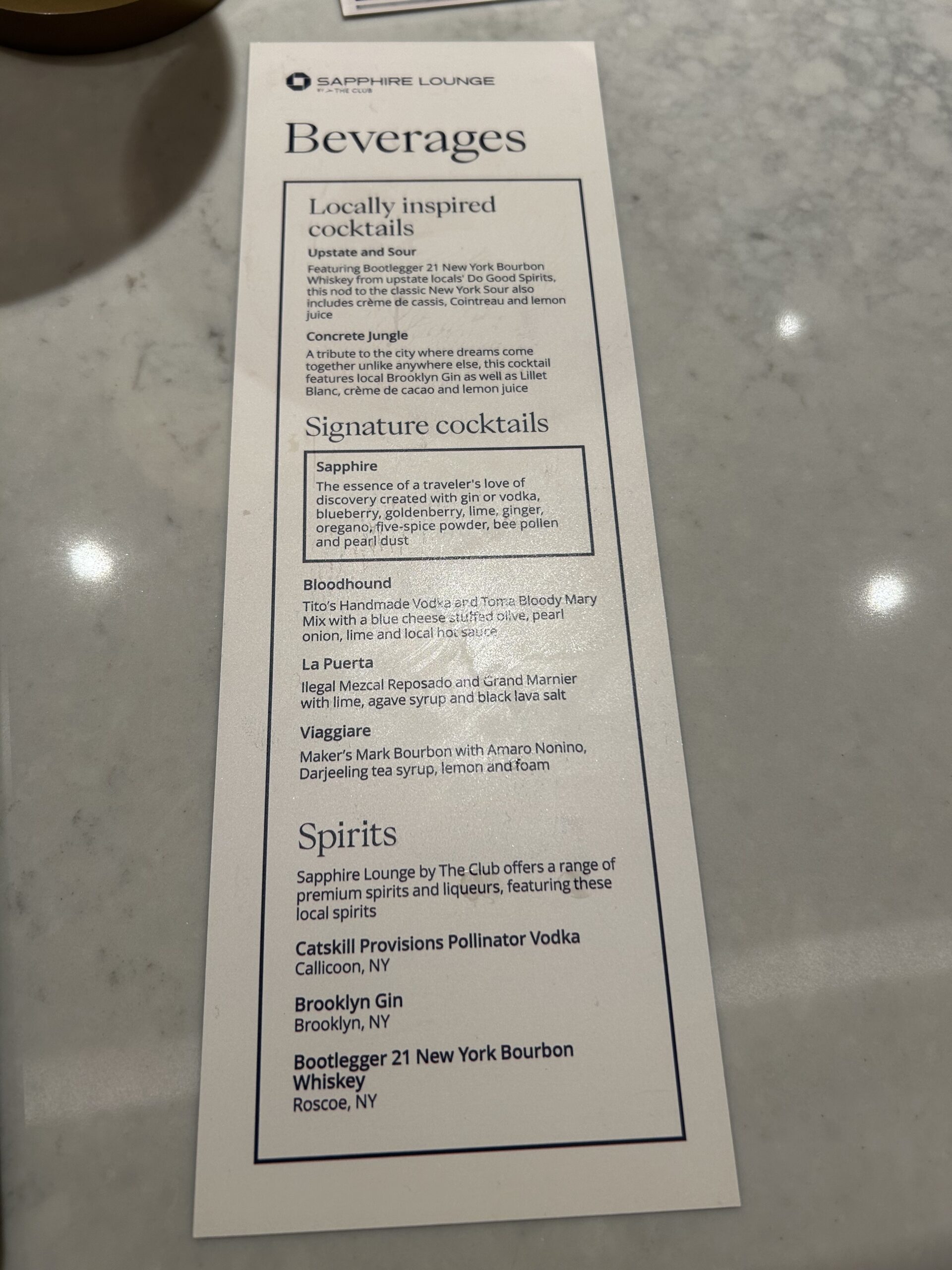 Beverage menu at the Sapphire Lounge with locally inspired cocktails, signature cocktails, and spirits. 