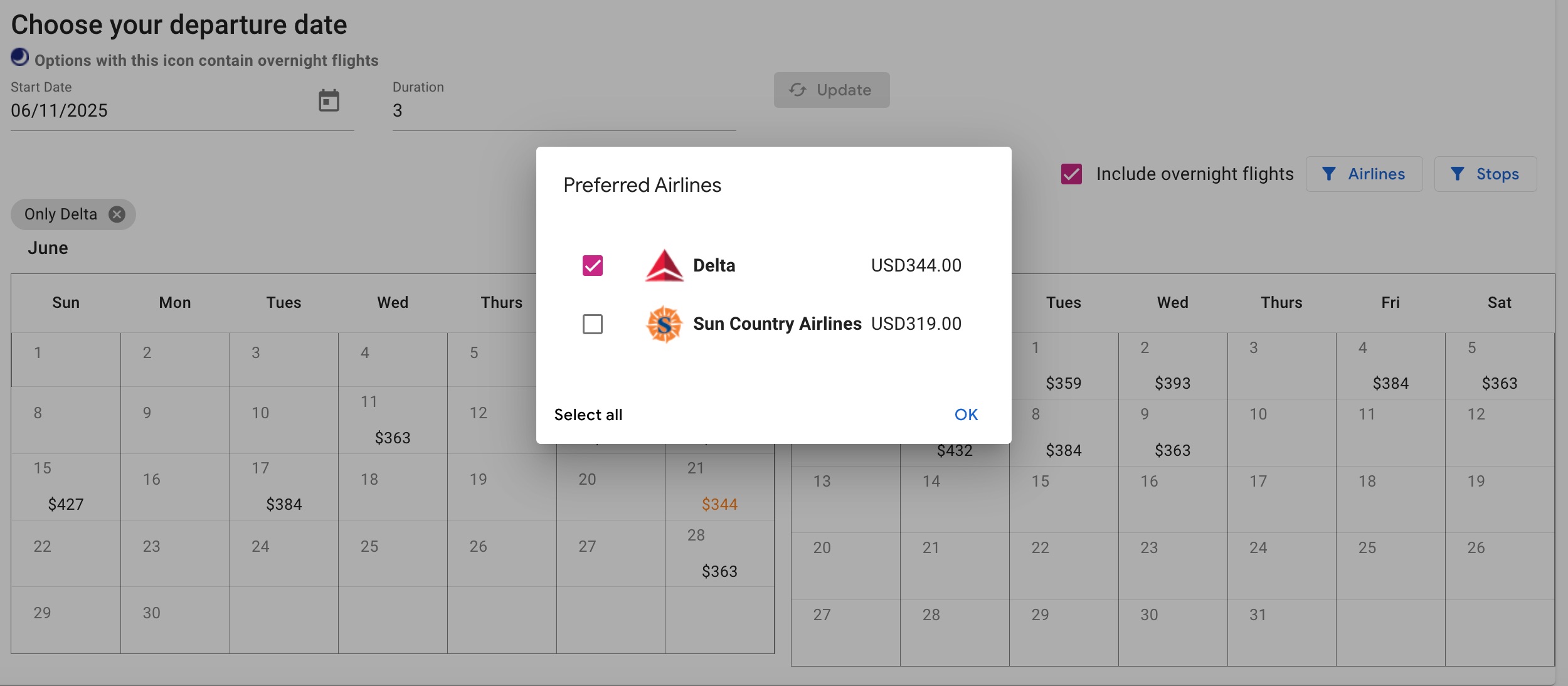 ita matrix calendar of two months with delta air lines selected