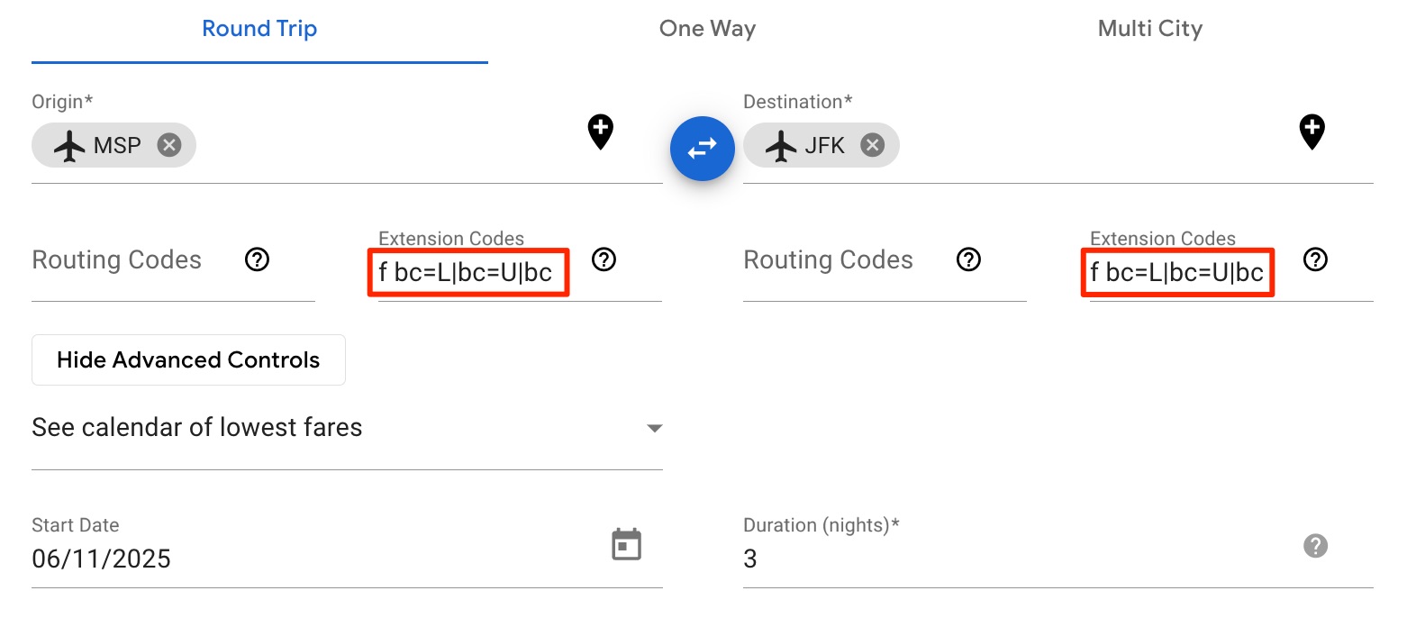 ita matrix airfare search with fare basis codes entered in extension codes boxes