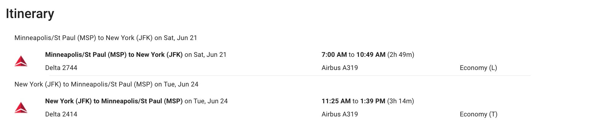 ita matrix fares showing delta fare types