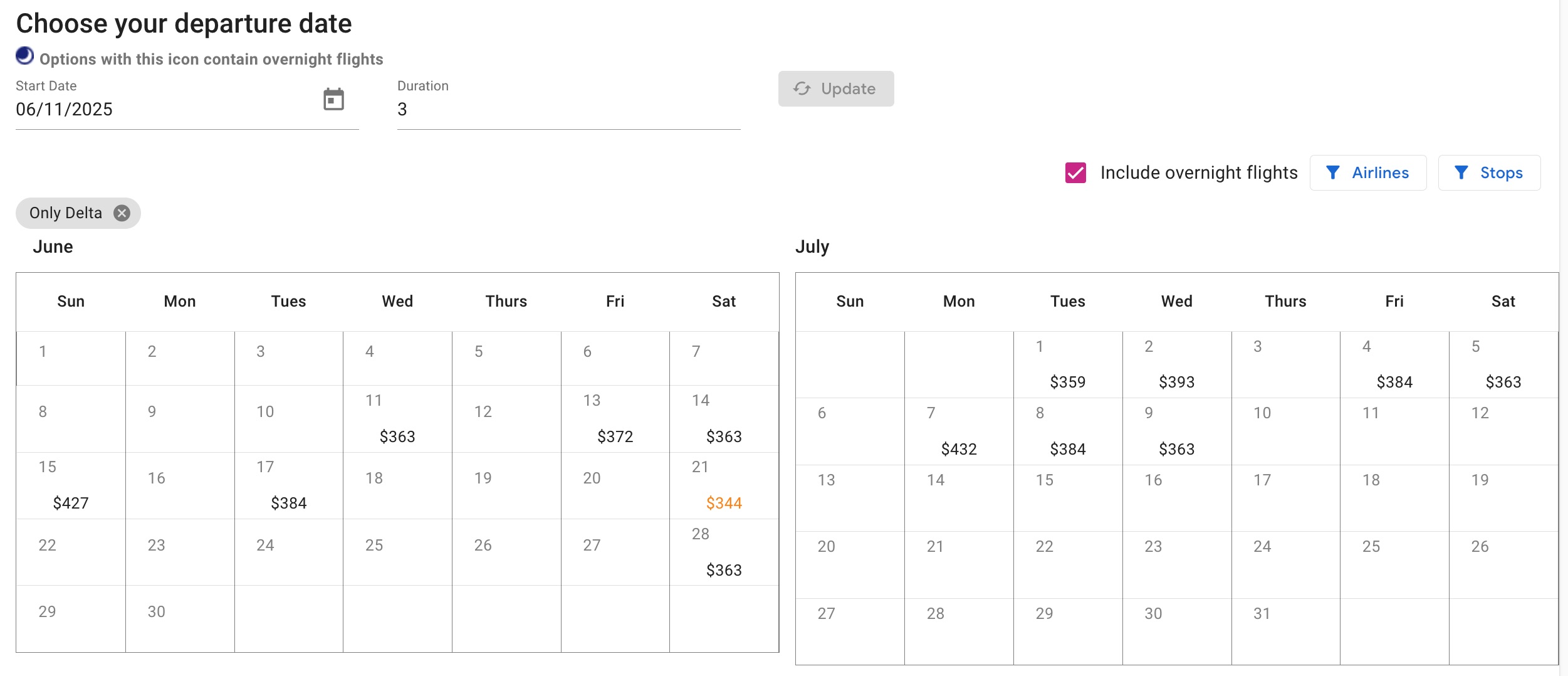 results of flights on a two month calendar in ita matrix