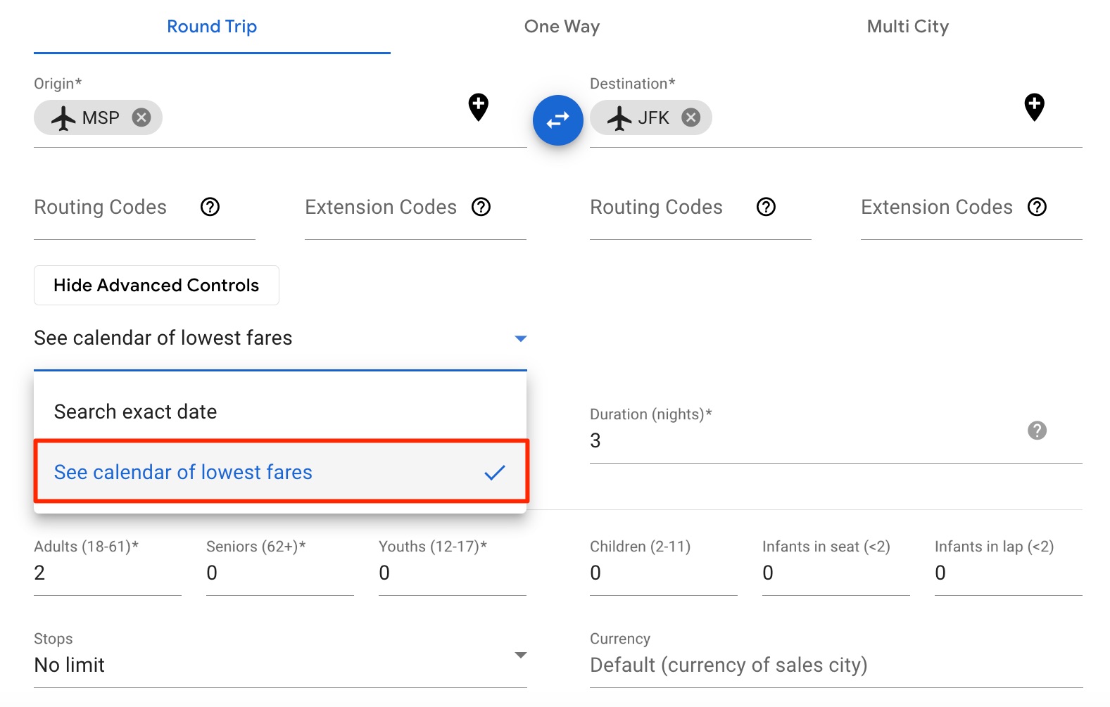 ita matrix airfare search with calendar of lowest fares selected