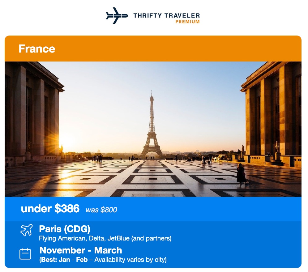 thrifty traveler deal to paris for less than $386 roundtrip 
