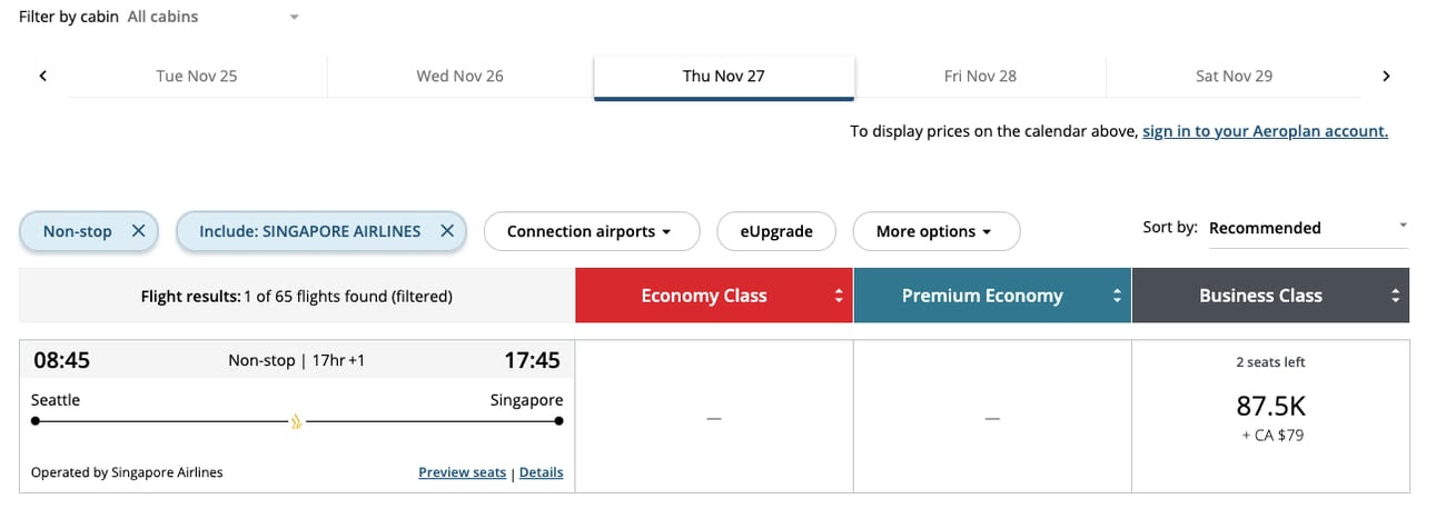 seattle to singapore for 87,500 miles in business class