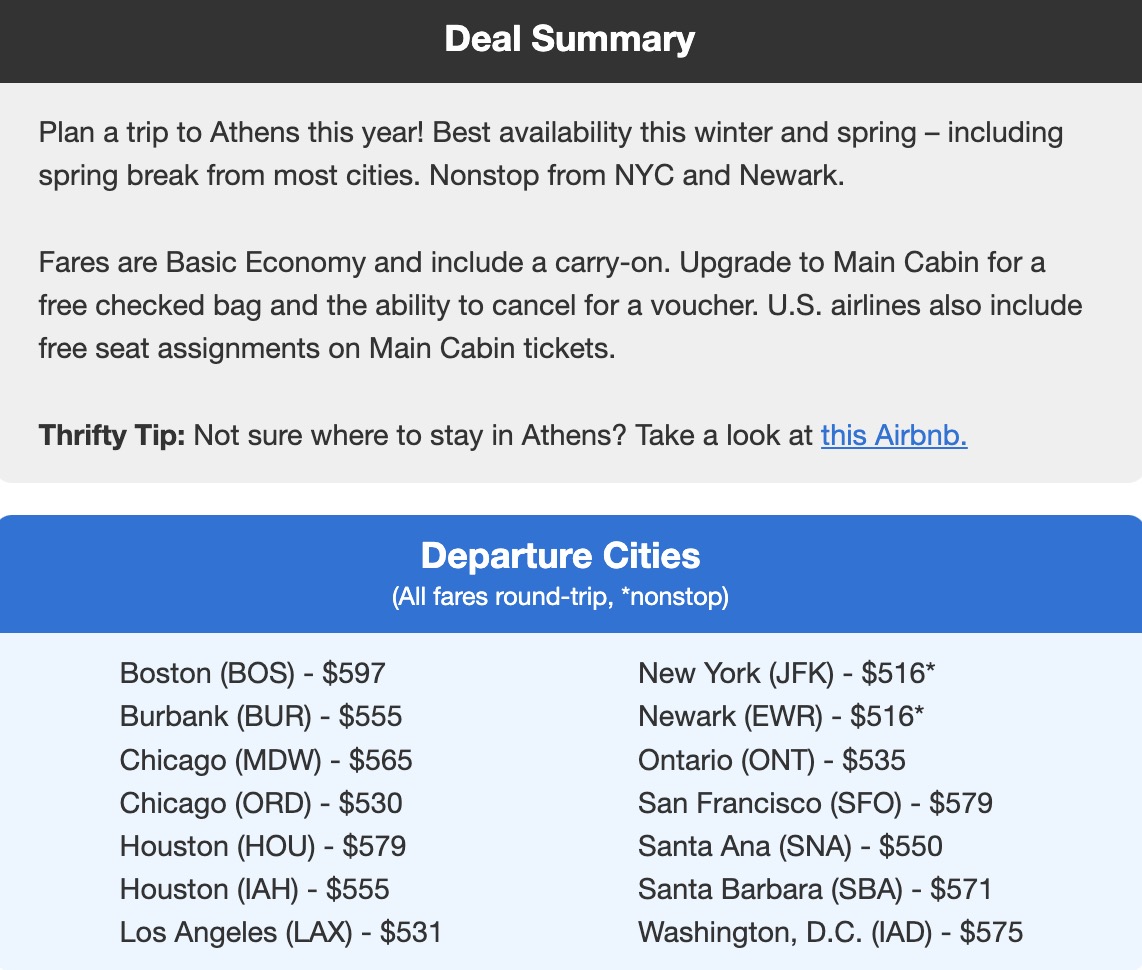Athens, Greece flight deal featuring a deal summary and a list of departure cities and fares under $600 roundtrip. 