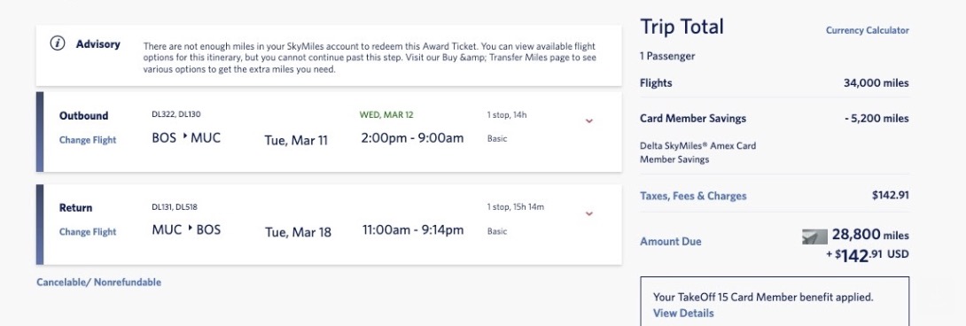 A Delta SkyMiles fare flying from Boston to Munich for 29,000 SkyMiles roundtrip. 