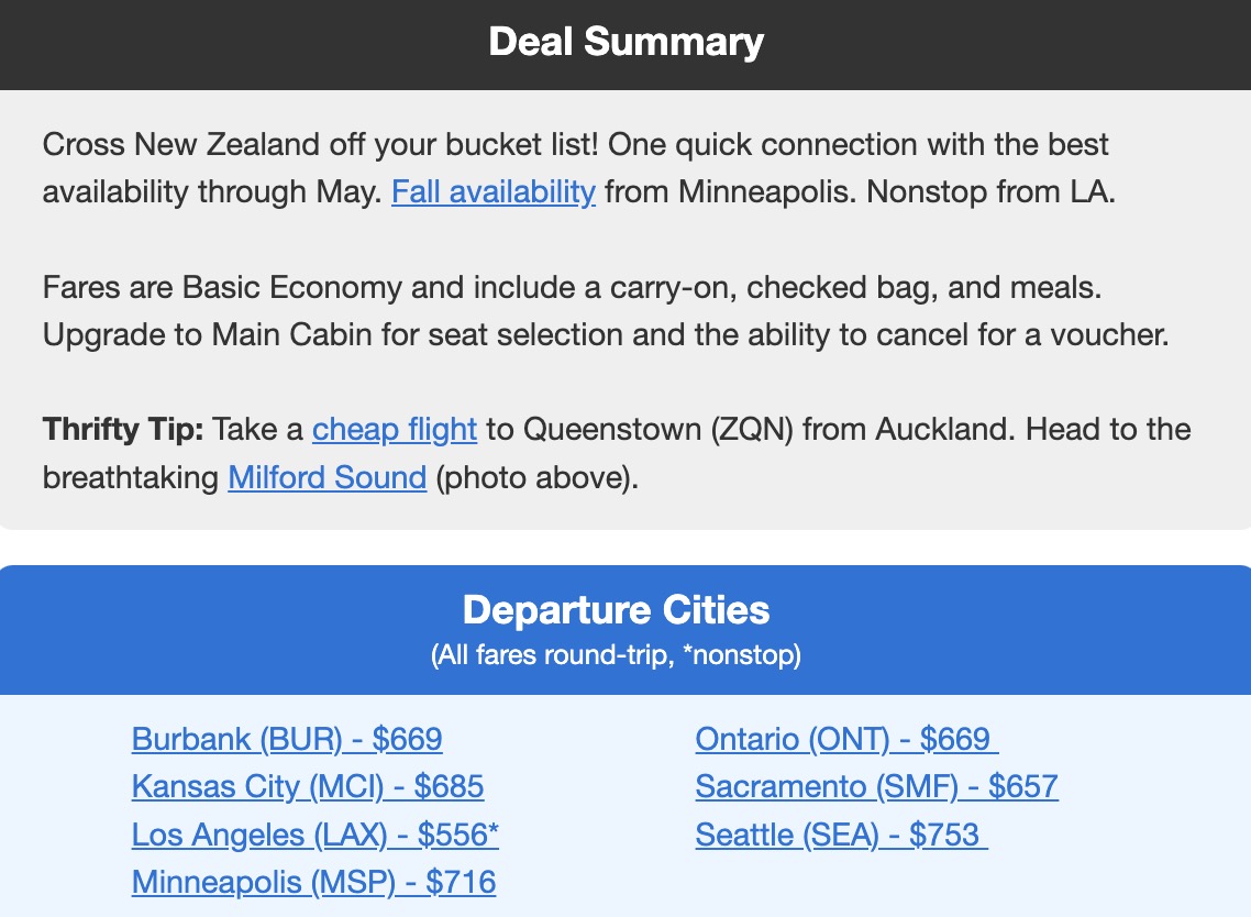 New Zealand flight deal information, including airfare in the $600s roundtrip