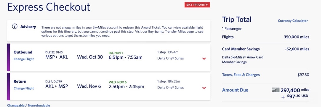 Delta One fare to Auckland, New Zealand for 297,400 skymiles and $97.30