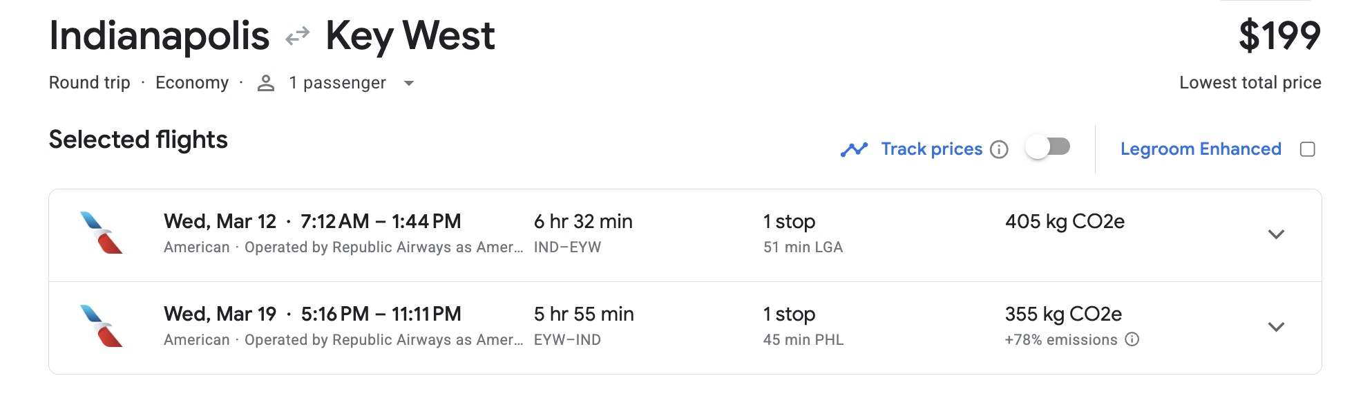 Key West, Florida airfare for $199 roundtrip on American Airlines. 