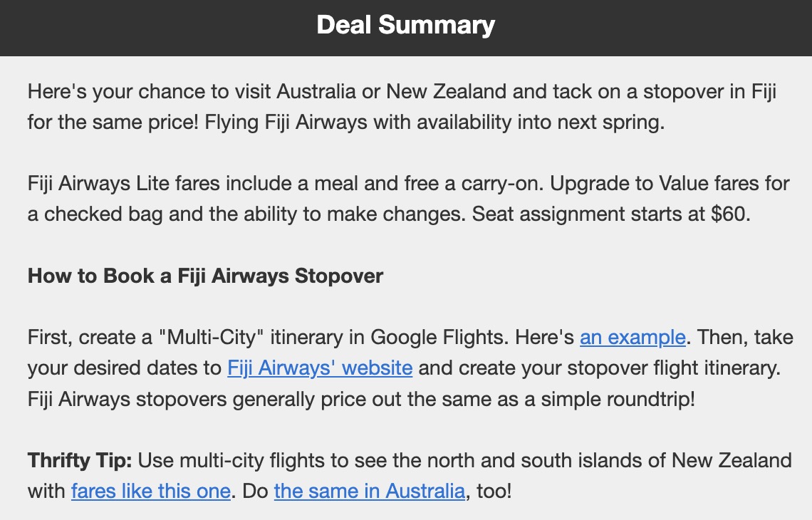 Fiji Airways stopover flight deal information, including booking information. 