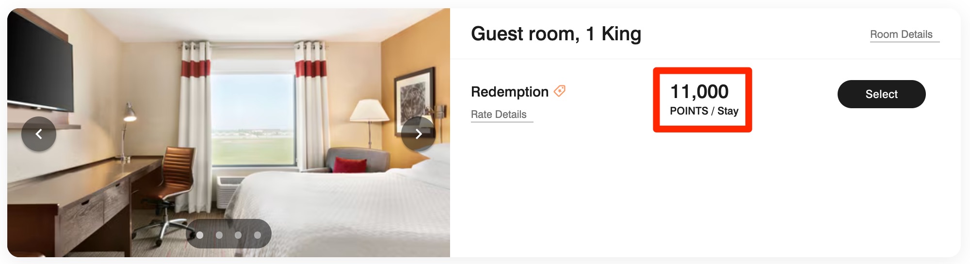guest room, 1 king redemption 11,000 points stay