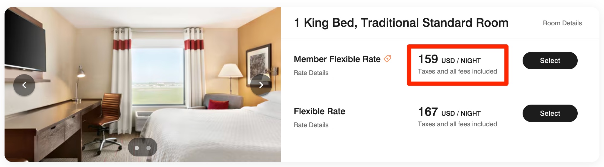 1 king bed, traditional standard room member flexible rate $159 per night flexible rate $167 per night