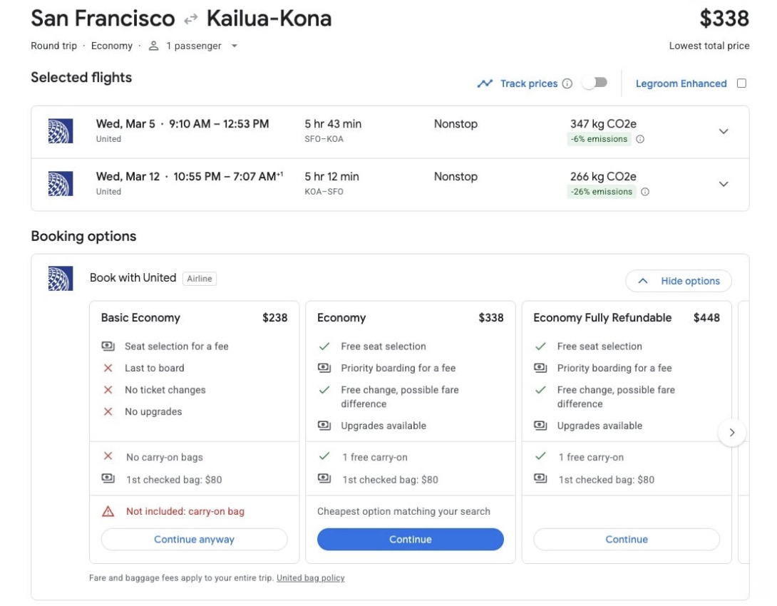 Main Cabin fare to Hawaii flying United Airlines from San Francisco for $337 roundtrip. 