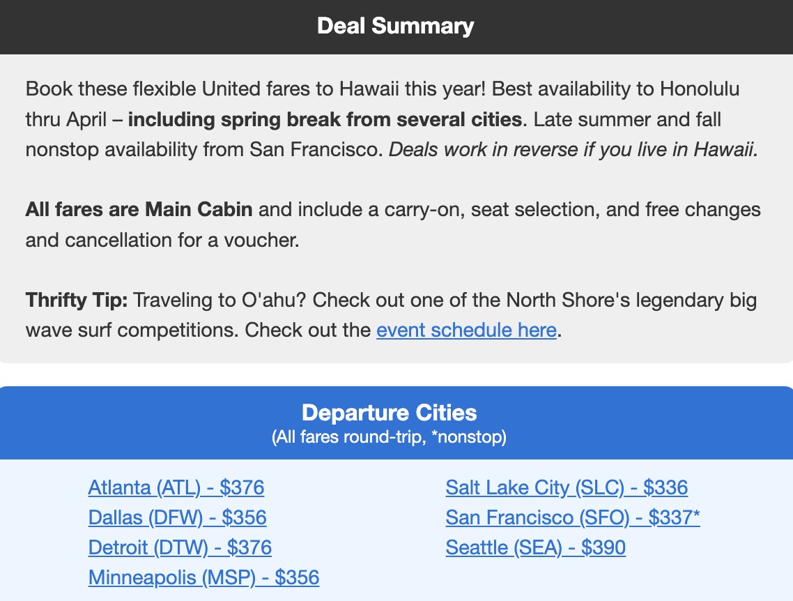 Hawaii airfares listed out for $337 roundtrip. 