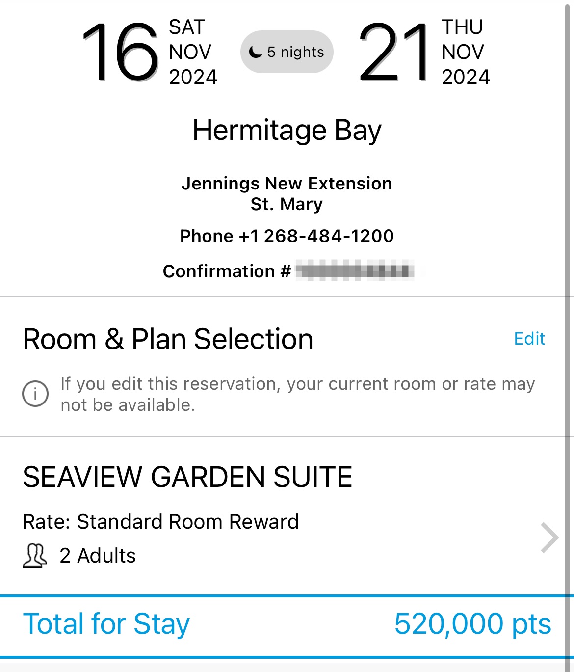 hilton confirmation page and total charge in points for five nights at hermitage bay