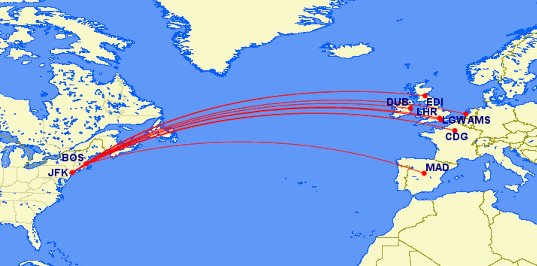 map of routes JetBlue's routes to Europe