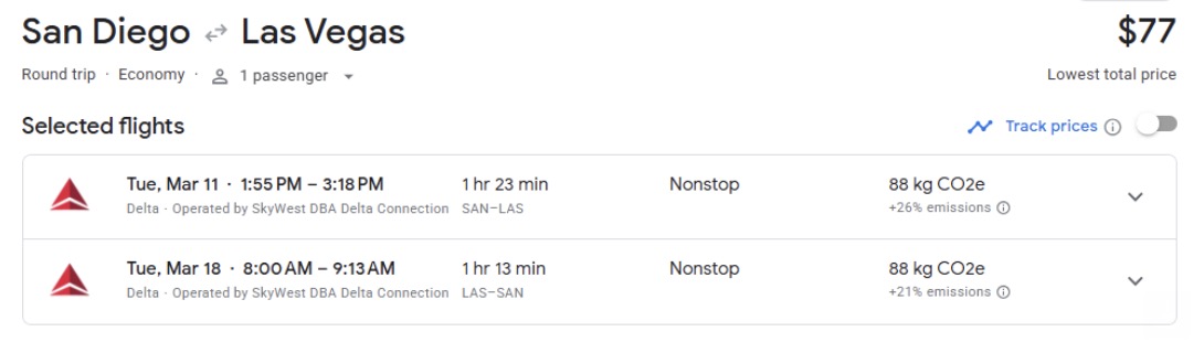 Las Vegas airfare from San Diego for $77 roundtrip. 