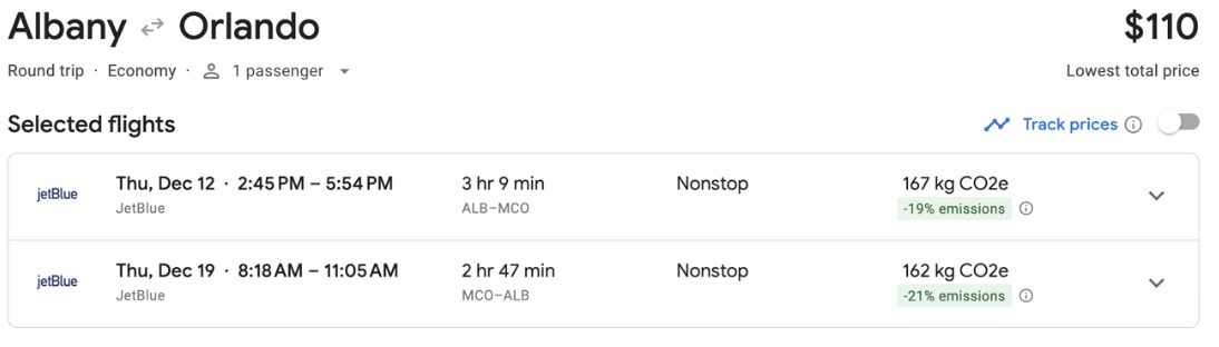 Albany to Orlando airfare from $110 roundtrip. 
