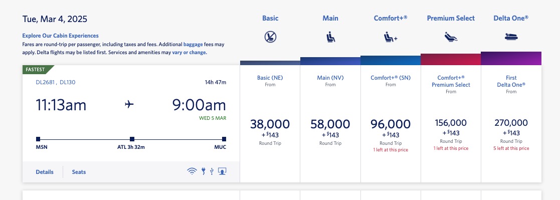 Madison, Wisconsin to Munich, Germany airfare in Delta SkyMiles
