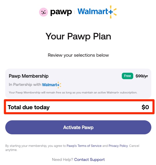Pawp enrollment showing $0 cost due to Walmart+