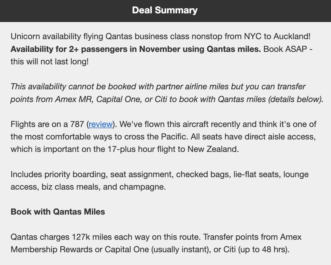 Qantas business class flight deal information