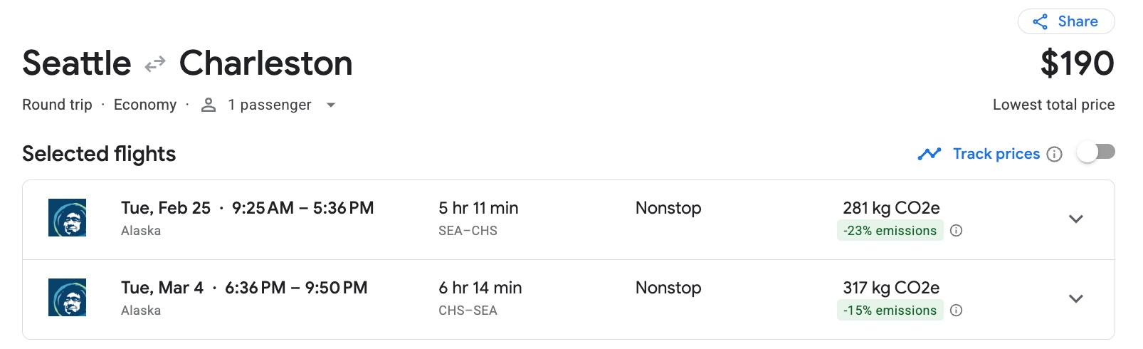 Google Flights search result for a flight from Seattle to Charleston on Alaska Airlines for $190 roundtrip. 