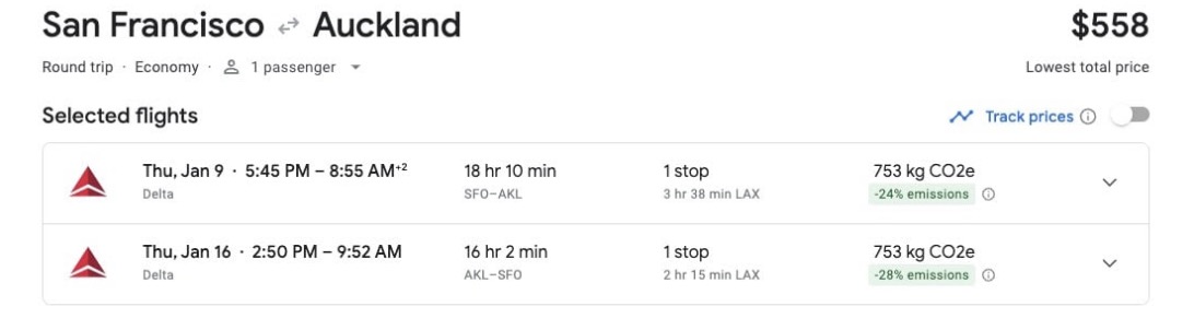 San Francisco to Auckland, New Zealand airfare for $557 roundtrip on Delta. 