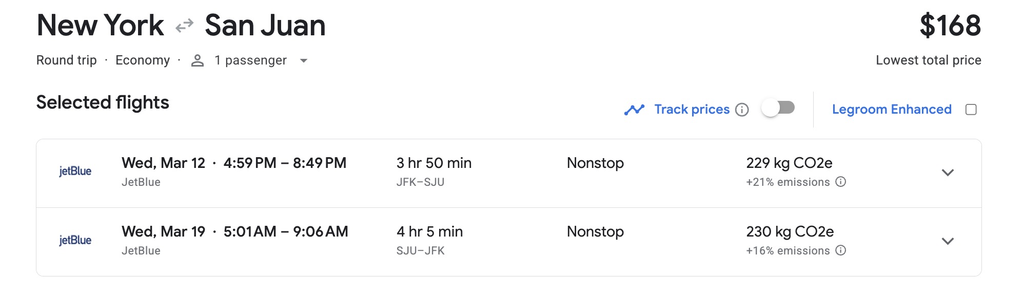 New York to San Juan airfare for $168 roundtrip on JetBlue. 