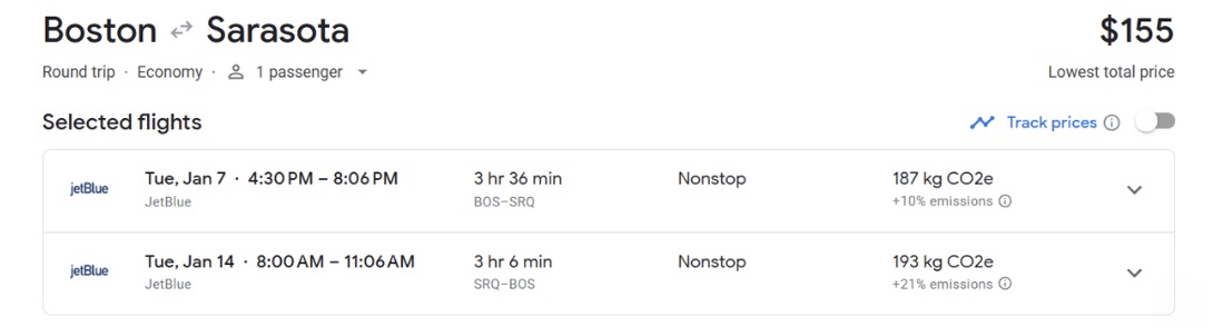 Boston to Sarasota airfare for $155 roundtrip. 