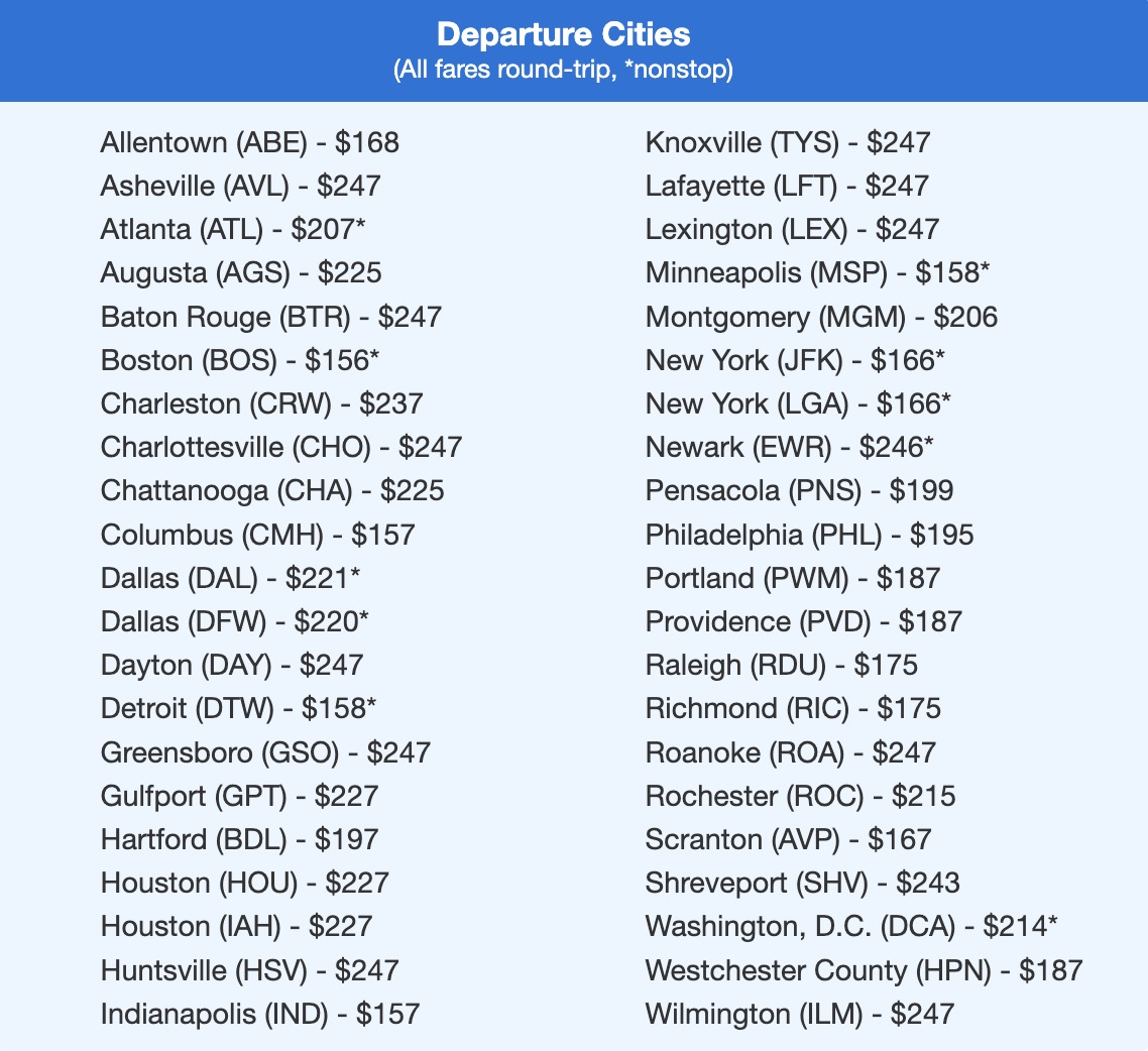 List of airfares to Sarasota, Florida in the $100s roundtrip. 