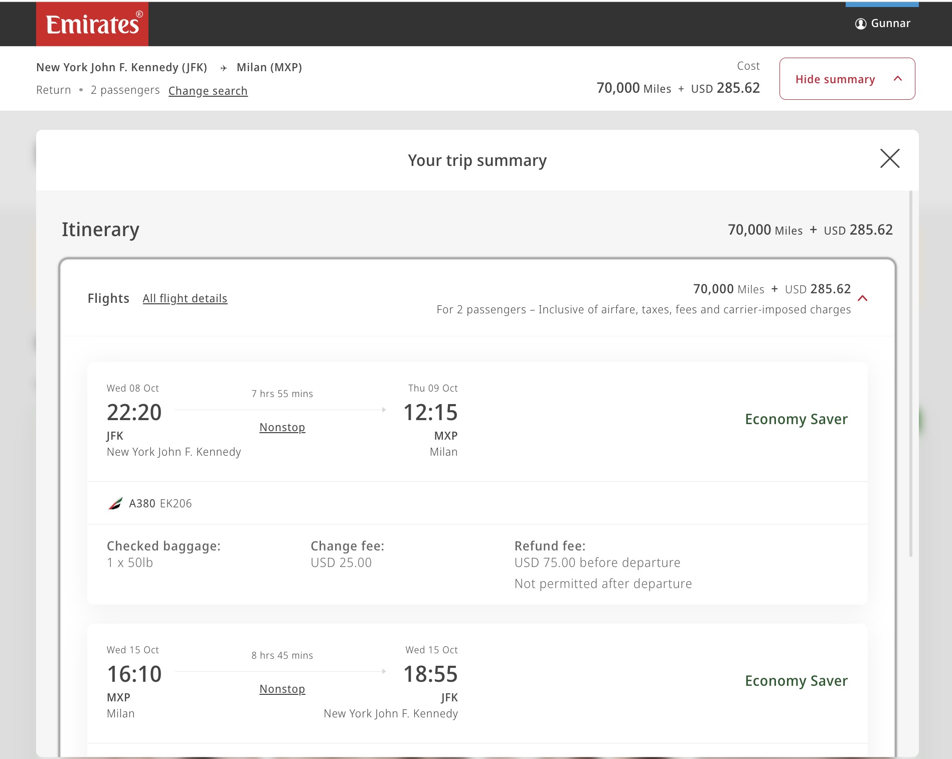 Emirates Skywards miles points booking for JFK-MXP flights. 