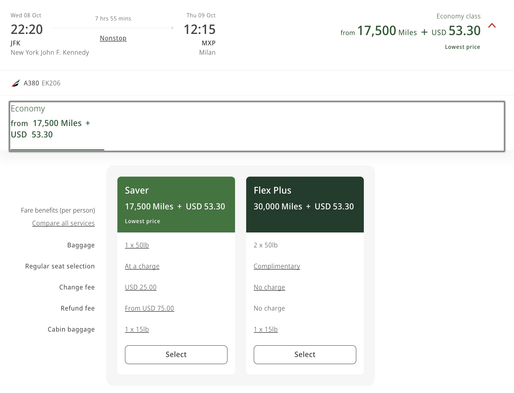 17,500 mile Emirates Skywards fare from JFK to Milan. 