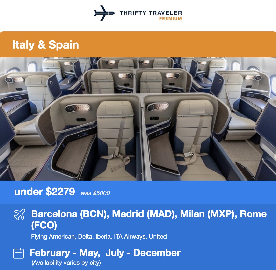 Business class seats in a flight deal to Spain and Italy under $2279 roundtrip