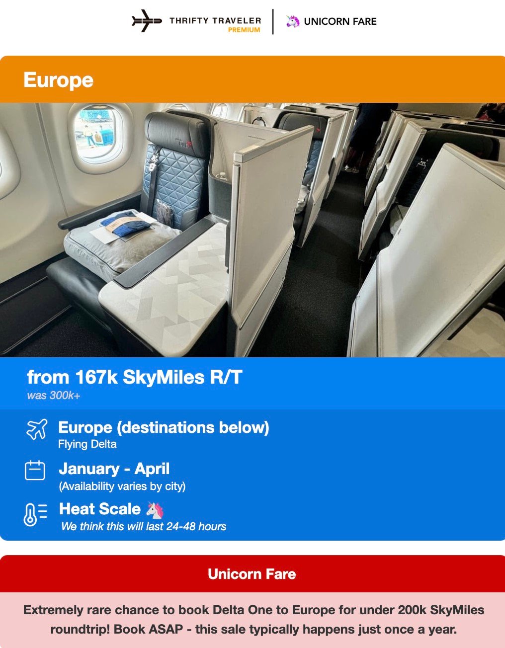 Thrifty Traveler Premium unicorn fare for Delta One Suite business class to Europe from 167,000 SkyMiles RT