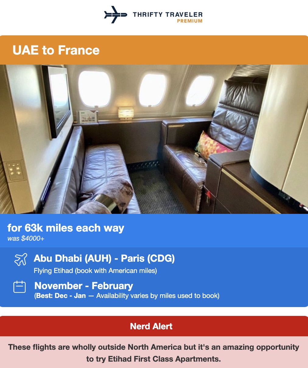Etihad Apartment flight deal from the UAE to France for 63,000 miles each way. 