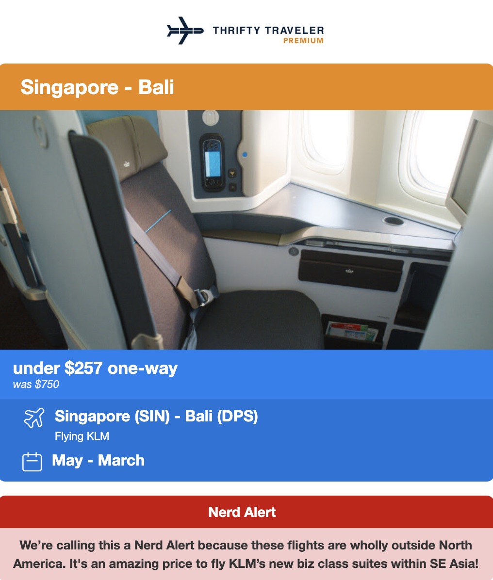Singapore to Bali KLM business class nerd alert for $257 each way. 