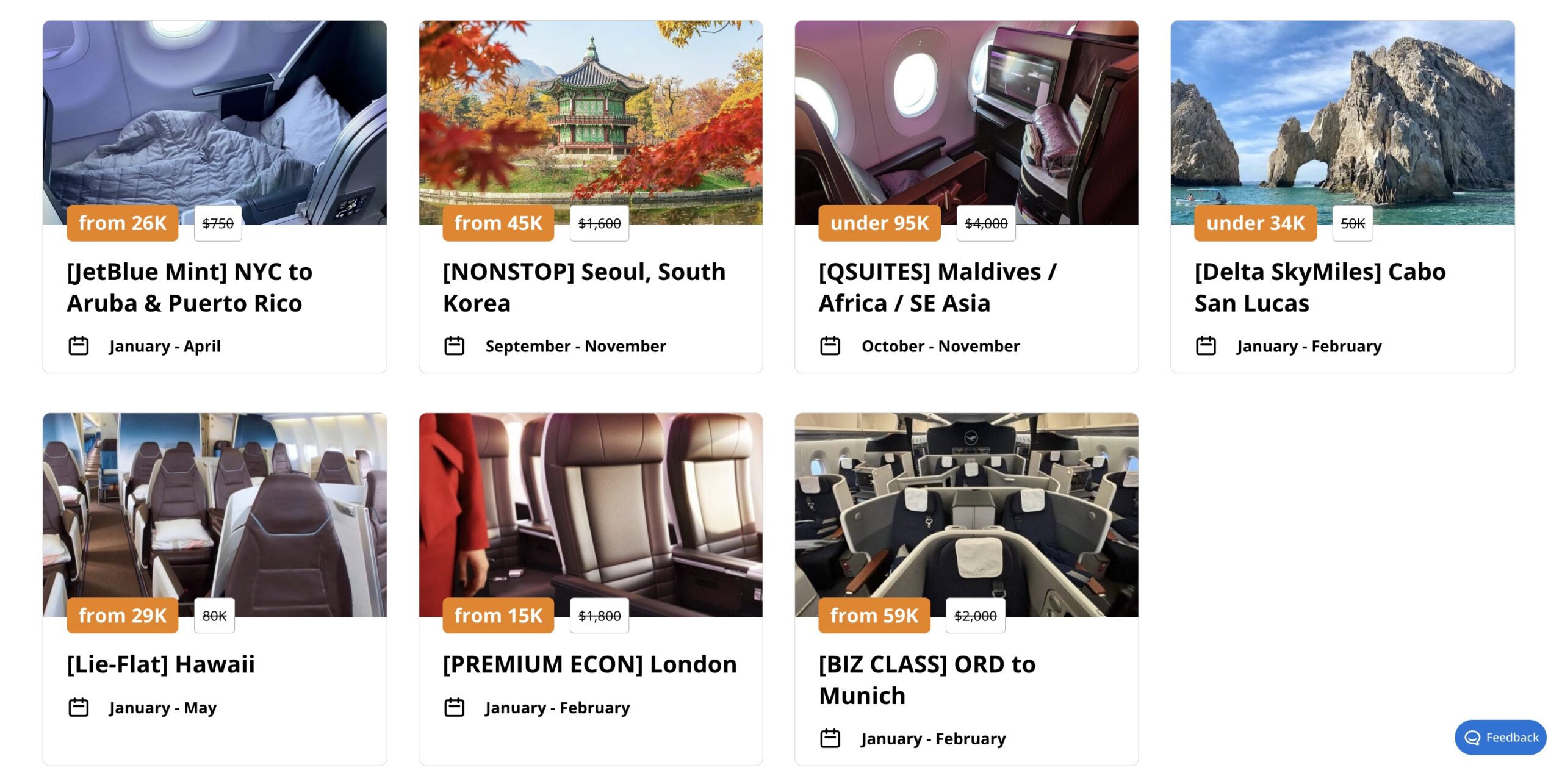 Points and miles flight deals included with Thrifty Traveler premium to places like Puerto Rico, Seoul, the Maldives, Cabo, and more. 