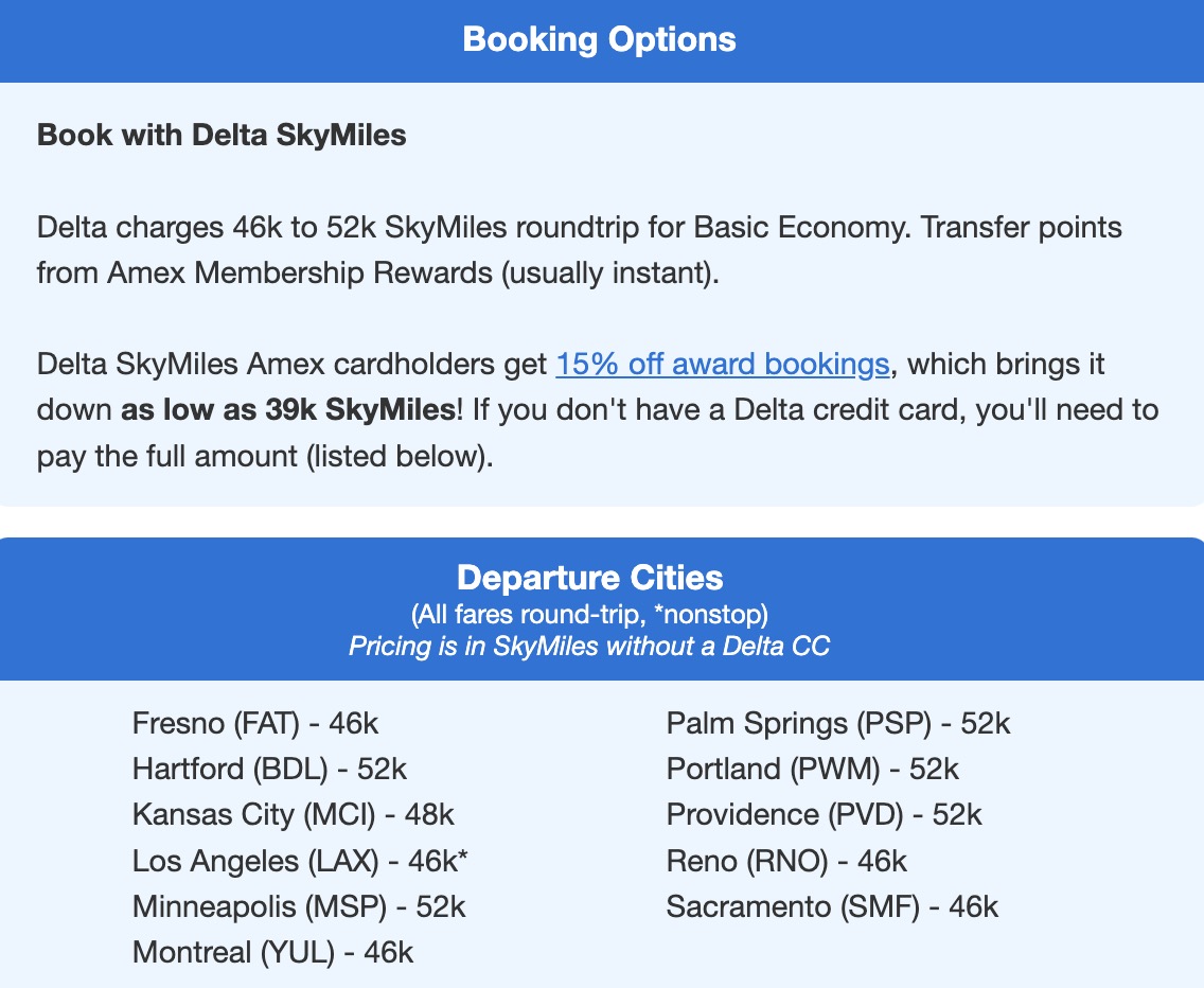 Booking options and departure cities with SkyMiles rates to Auckland, New Zealand 
