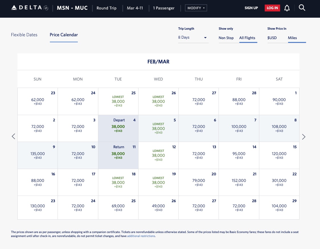 Delta SkyMiles calendar view of flights between Madison and Munich. 