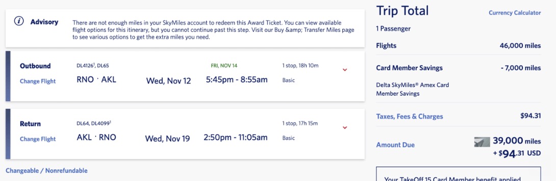Delta SkyMiles fare roundtrip to Auckland, New Zealand in the 30,000s roundtrip