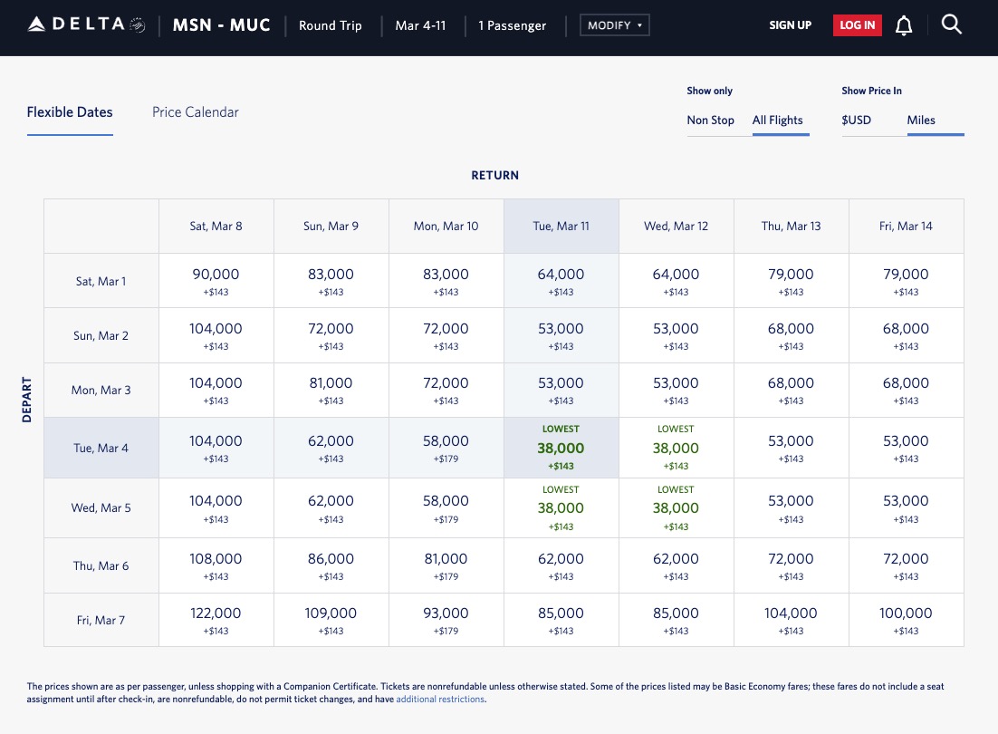 Delta SkyMiles flexible dates calendar