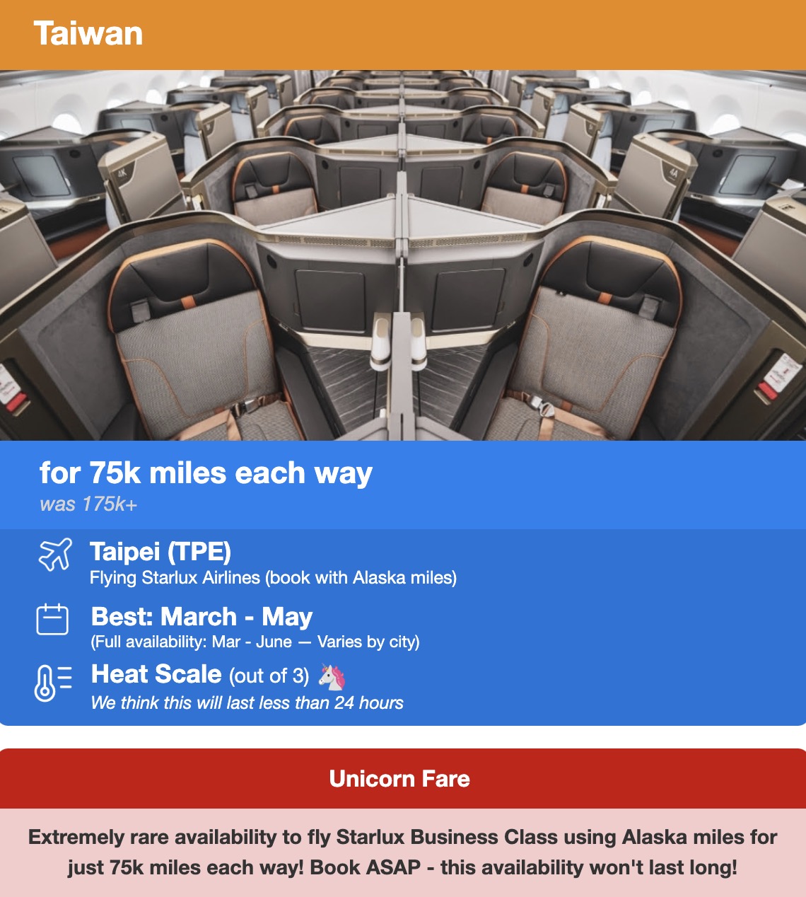 Starlux business class flight deal for 75,000 miles each way. 