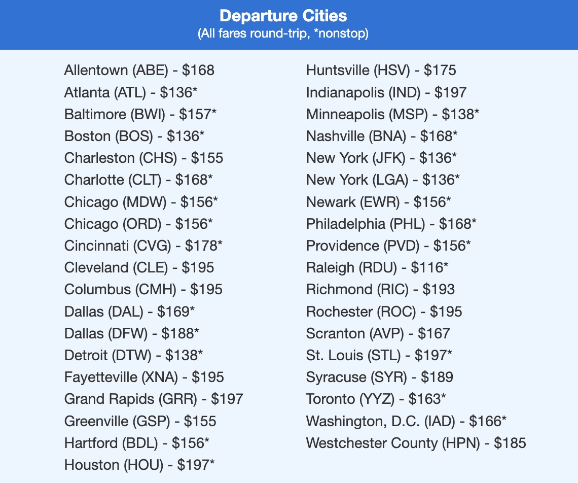 List of airfare to Tampa, Florida