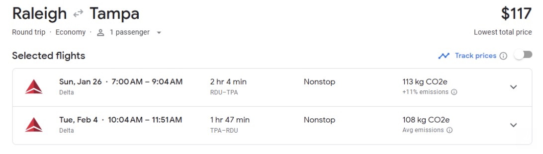 Raleigh to Tampa airfare for $117 roundtrip on Delta. Sunday, January 26th to Tuesday, February 4th.