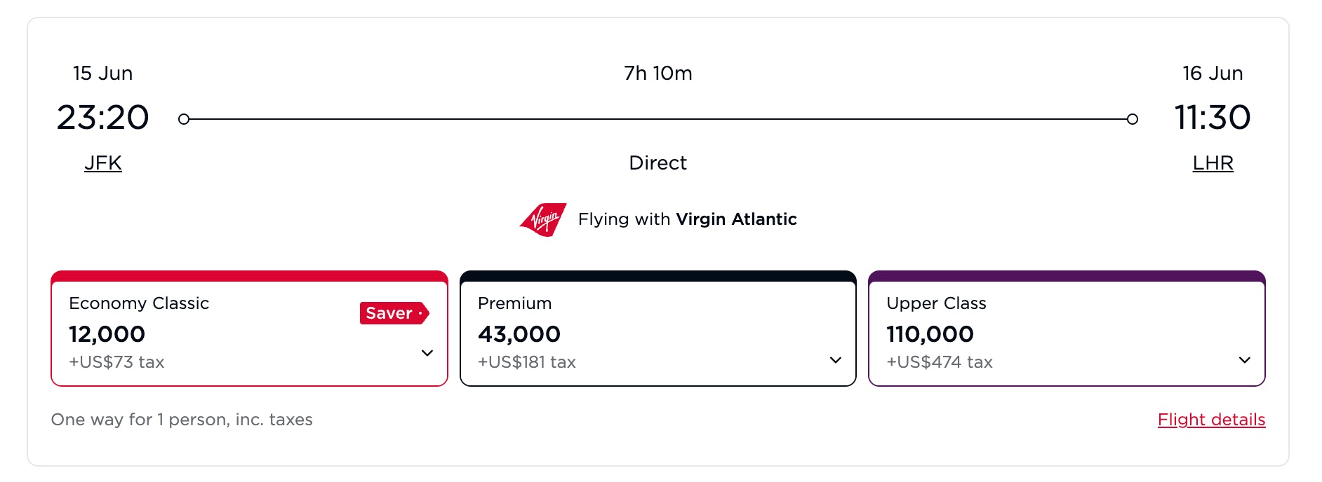 June 15th JFK-LHR economy classic for 12,000 points, premium for 43,000 points, upper class for 110,000 points